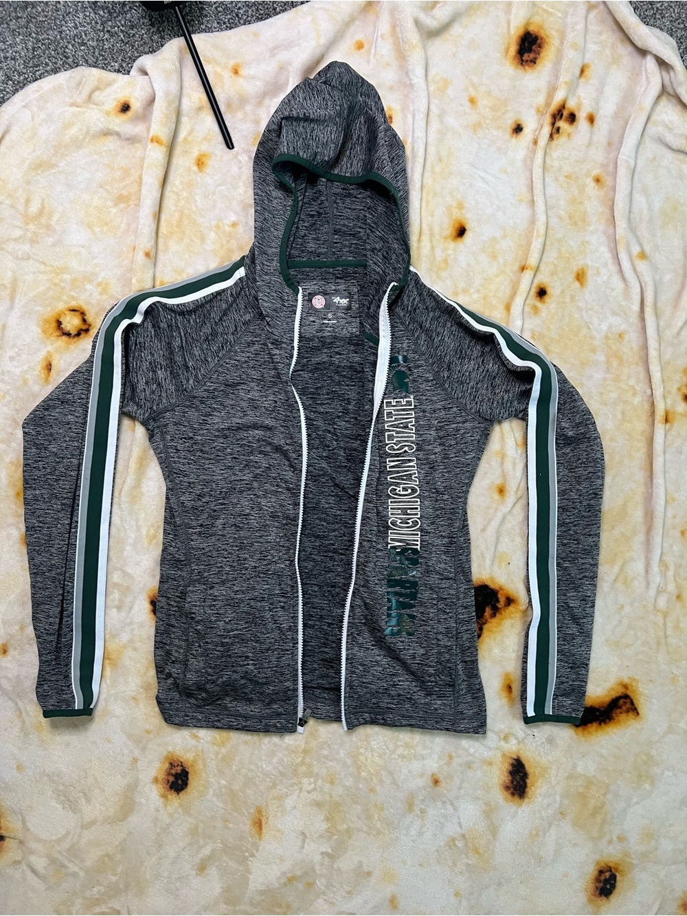 Michigan State Gray Zip Hoodie with Green Stripes
